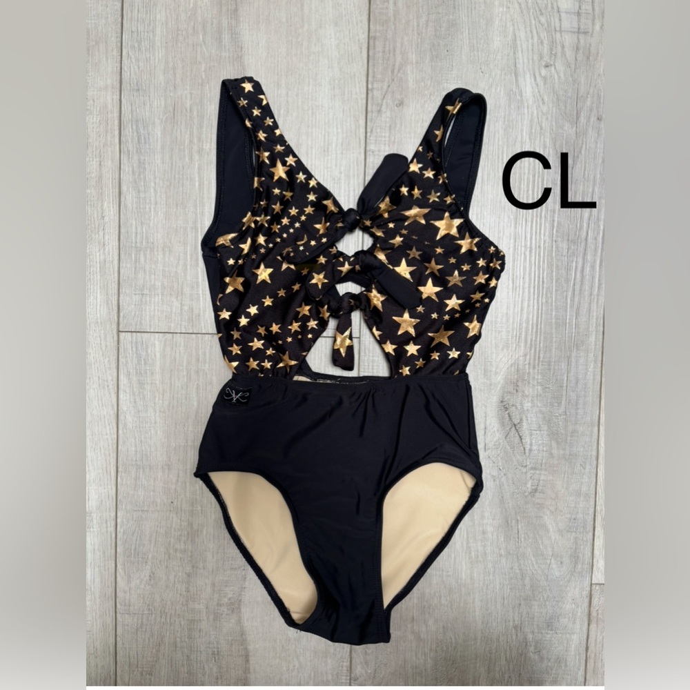 Kandi Kouture Black and Gold Star Leotard CL (child 7-8)